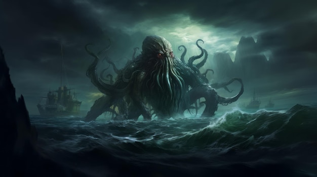 Das geheimnisvolle Monster Cthulhu im Meer greift riesige Tentakel des Bootes an, die aus der Wasserlandschaft ragen