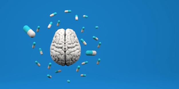 Das Gehirn ist von Pills3d-Rendering umgeben