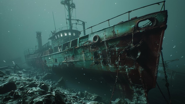 Das geisterhafte versunkene Schiff liegt in einer unheimlichen Unterwasserstille, ein Relikt, das von der Umarmung des Ozeans überholt wurde.