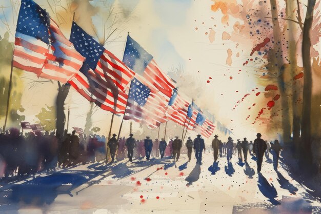 Das Gemälde zeigt eine Versammlung von Personen, die stolz amerikanische Fahnen schwenken. Ein ruhiges Aquarellgemälde einer Memorial Day-Parade mit amerikanischen Fahnen und marschierenden Veteranen.