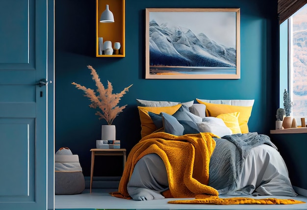 Das gemütliche Innere des Schlafzimmers ist gelb mit blauen Wänden Schlafzimmer im skandinavischen Stil Generative KI