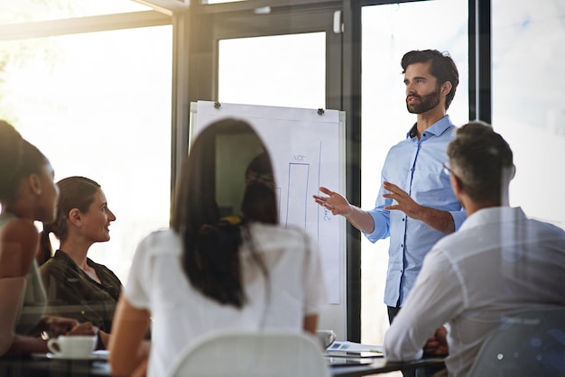 Das Geschäft des Unternehmens ins rechte Licht rücken Aufnahme einer Gruppe von Männern, die Kollegen in einem Sitzungssaal eine Whiteboard-Präsentation geben