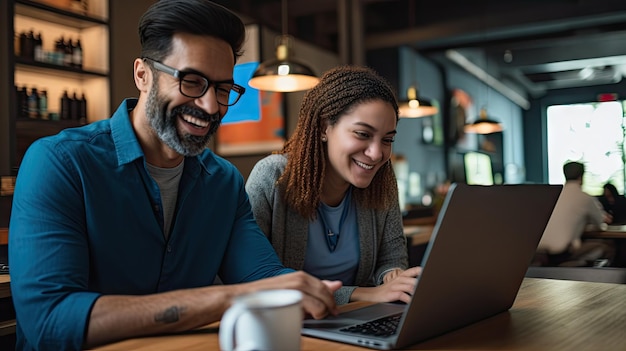 Das Geschäftsteam trifft sich informell im Café und bereitet gleichzeitig mit dem Laptop die Arbeitsliste vor