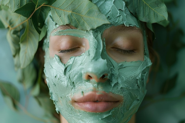 Das Gesicht der Frau ist mit einer natürlichen grünen Lehmmaske bedeckt