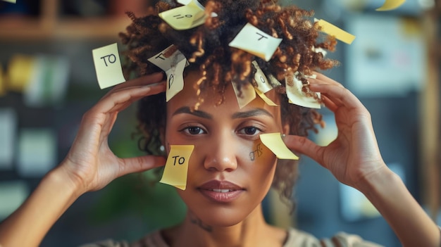 Das Gesicht der Frauen ist mit Todo Postit-Noten bedeckt und die Hände greifen an den Haaren auf dem Kopf.