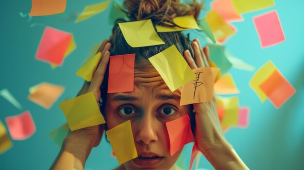 Foto das gesicht der frauen ist mit todo postit-noten bedeckt und die hände greifen an den haaren auf dem kopf.