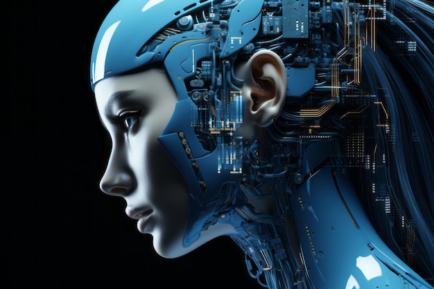 das Gesicht einer Frau in einem futuristischen Roboteranzug