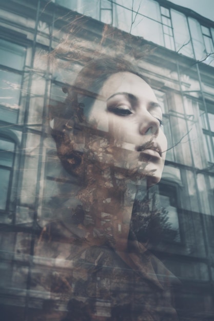 Das Gesicht einer Frau ist durch ein Fenster zu sehen. Generatives KI-Bild