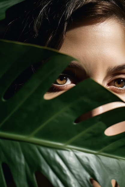 Das Gesicht einer Frau ist mit einem grünen Blatt bedeckt.