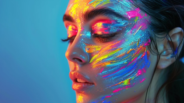 Das Gesicht einer Frau ist mit holographischer Farbe bedeckt