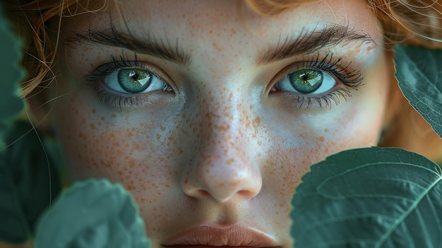 Das Gesicht einer Frau mit einer Blattstruktur und grünen Augen Konzept der Ökologie