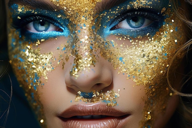das Gesicht einer Frau mit goldenem Glitzer und blauen Augen.