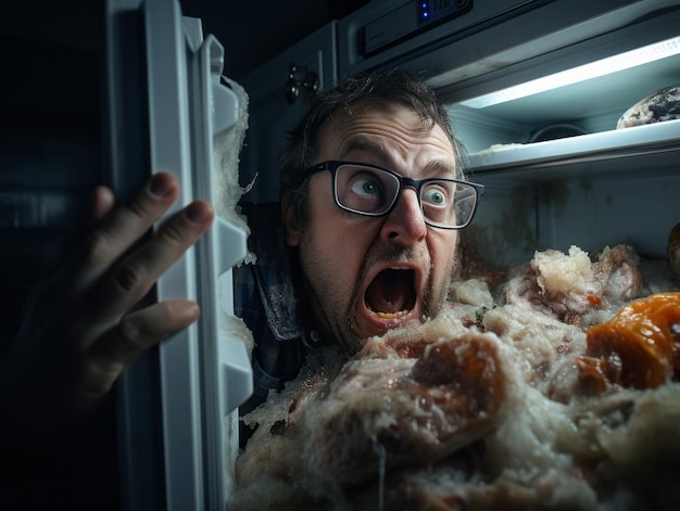 Das Gesicht einer Person drückt Abscheu vor verrottendem Essen in einem verwahrlosten Kühlschrank aus