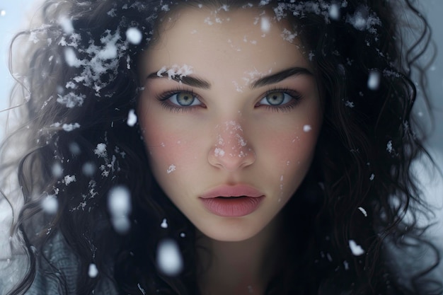Das Gesicht einer wunderschönen Brünette schneeflecken auf ihrem Haar