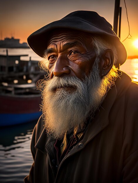 Foto das gesicht eines alten mannes des fischers, der über sein alter nachdenkt