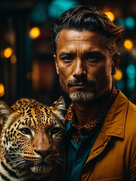 Das Gesicht eines Mannes neben einem Leoparden