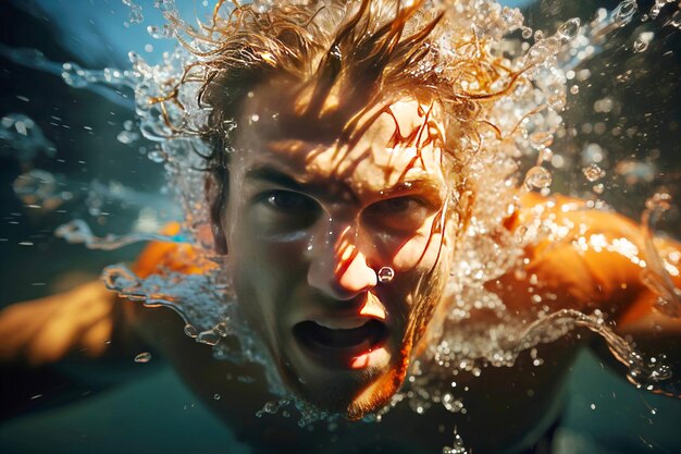 Das Gesicht eines Sportler-Schwimmers unter Wasser in Nahaufnahme mit Tropfen bei einem Schwimmwettbewerb