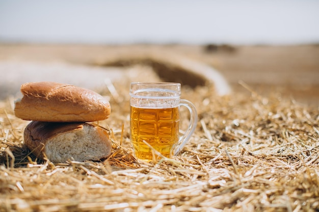 Das Glas frisches kaltes Bier und duftende Brotstücke auf Weizenfeldhintergrund