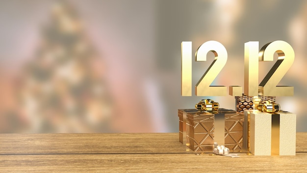 Das Gold 1212 und die Geschenkbox auf dem Holztisch für den Einkaufstag oder das Werbemarketing 3D-RenderingxA