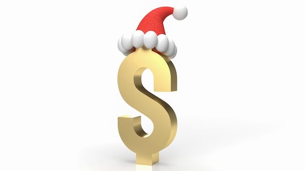 Das Gold-Dollar-Symbol und die Weihnachtsmütze auf weißem Hintergrund 3D-Rendering