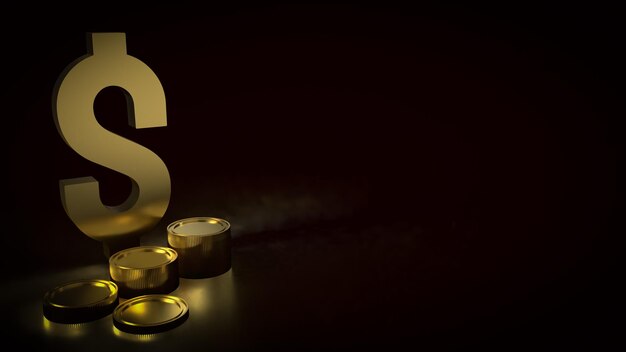 Das goldene Dollarsymbol und Münzen auf schwarzem Hintergrund 3D-Rendering