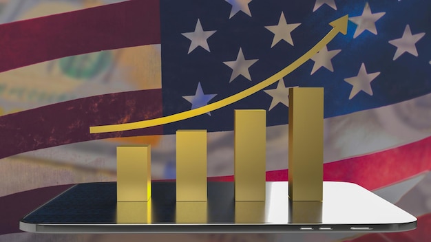 Das goldene Geschäftsdiagramm und das Tablet auf der 3D-Darstellung des Hintergrunds der amerikanischen Flagge