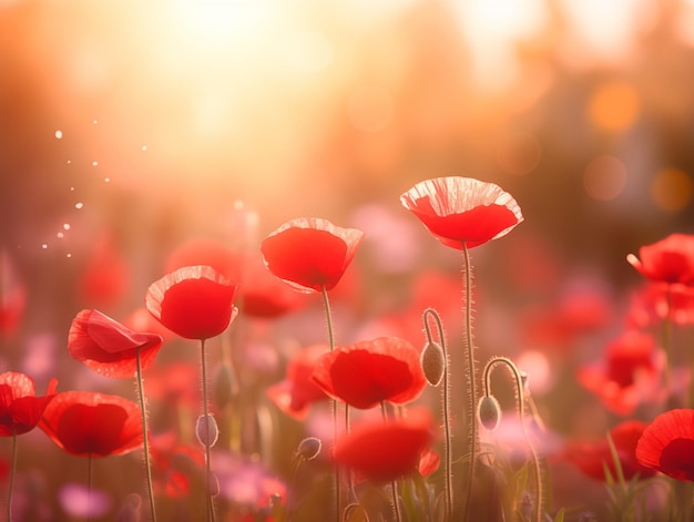 Das goldene Sonnenlicht filtert bei Sonnenuntergang durch ein lebendiges Feld aus roten Mohnblumen