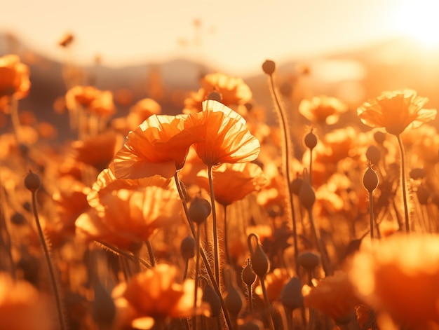 Das goldene Sonnenlicht filtert bei Sonnenuntergang durch ein lebendiges Feld aus roten Mohnblumen