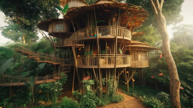 Das große tropische Baumhaus mit Treppe im Dschungel Generative KI-Bild AIG30