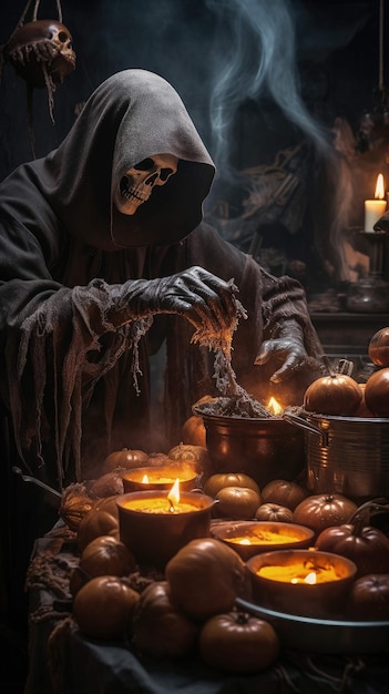 Das Halloween-Fest eines Skeletts bereitet ein makaberes Abendessen inmitten von Kürbissen und Schädeln vor, die von Ai generiert wurden