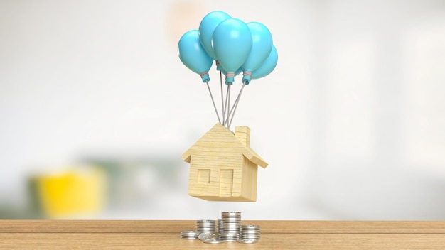 Das Haus aus Holz und blauem Ballon für die 3D-Darstellung des Immobilienkonzepts