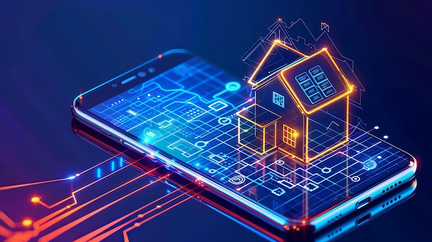 das Haus ist auf einer Tablette mit blauem Hintergrund und dem Wort Haus auf dem Bildschirm