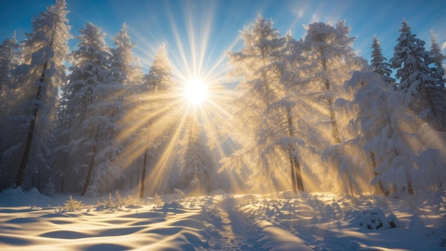 Foto das heilige illuminationssonnenlicht des winters durch verschneite bäume