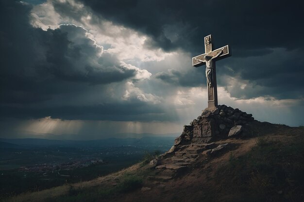 Das heilige Kreuz, das den Tod und die Auferstehung Jesu Christi symbolisiert, mit dem Himmel über dem Golgotha-Hügel ist