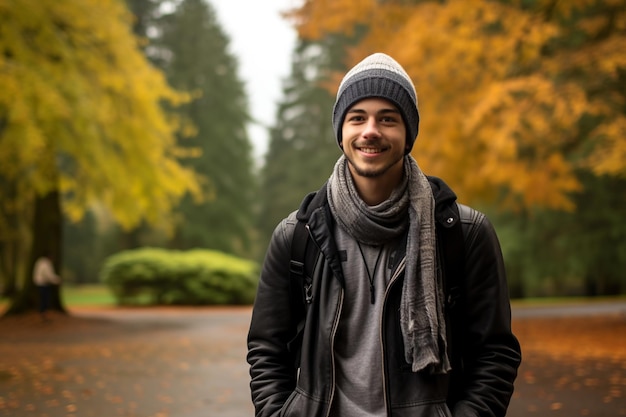 Das Herbstsemester des jungen Mannes beginnt an der Universität mit einem Herbstschauplatz