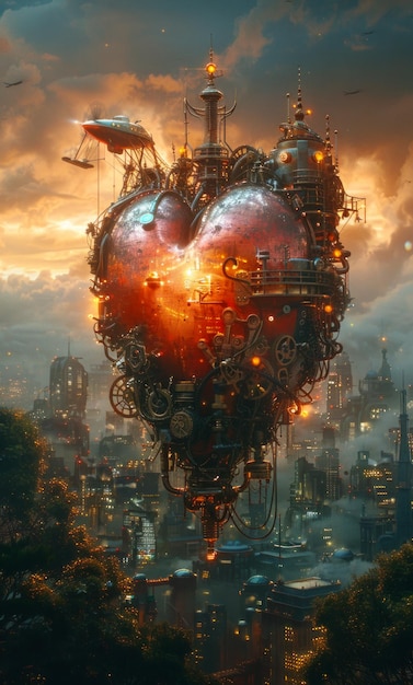 Foto das herz der stadt steampunk herz mit mechanischen elementen schwebende inseln am himmel