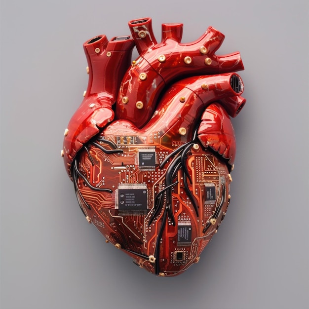 Das Herz eines Menschen in Form eines Computer-Motherboards mit Mikrochips KI-Generativ