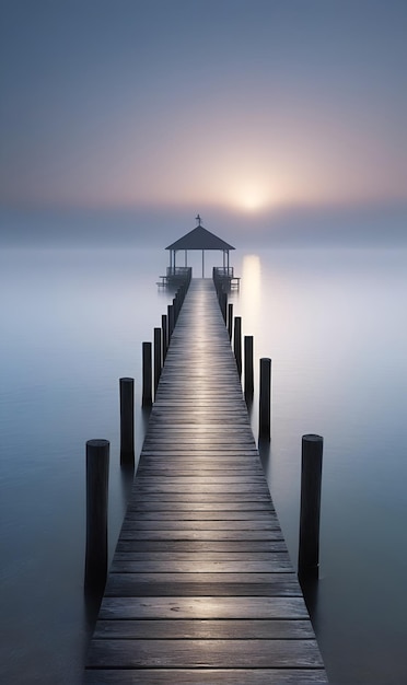 Das hölzerne Dock fließt in einem nebligen Morgenfoto in den See