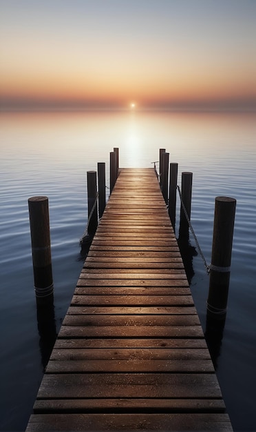 Das hölzerne Dock fließt in einem nebligen Morgenfoto in den See