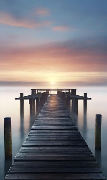 Das hölzerne Dock fließt in einem nebligen Morgenfoto in den See