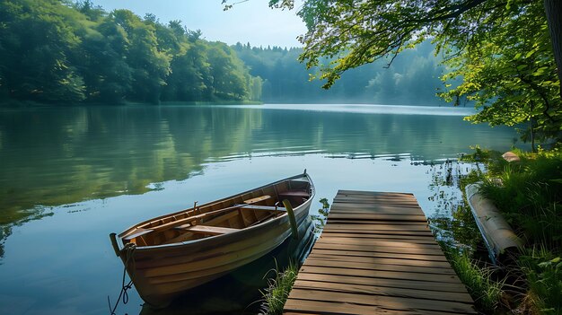 Das hölzerne Dock ragt in den ruhigen See aus, umgeben von üppigem Grün.