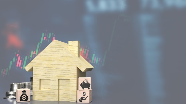 Das hölzerne Haus- und Geschäftssymbol auf dem Würfel für die 3D-Darstellung des Immobilien- oder Immobilienkonzepts