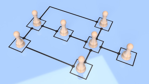 Das Holzschach im Diagramm für die 3D-Darstellung des Geschäftskonzepts