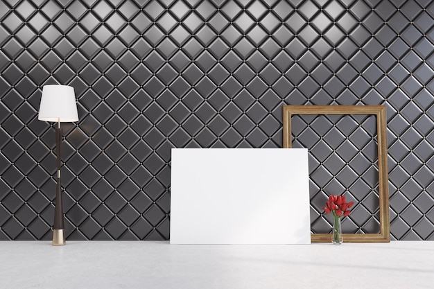 Das horizontale Poster steht auf dem Boden eines Raumes mit rautenförmigem Muster an den Wänden. Daneben steht ein Rahmen und eine Vase mit roten Blumen. 3D-Rendering-Attrappe