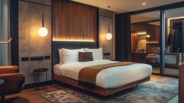 Das Hotelzimmer ist in modernem Stil mit Holzplatten und hellgrauen Wänden eingerichtet. Das Bett hat eine weiße Decke und zwei Kissen.