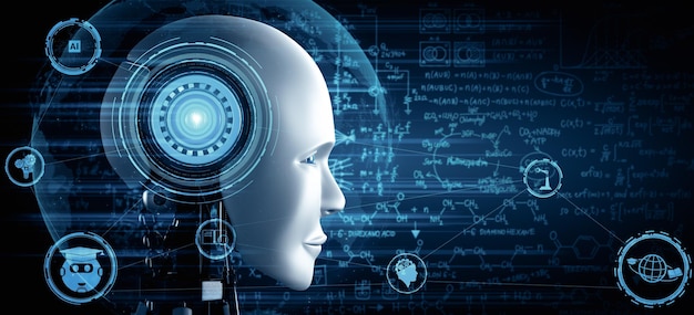 Das humanoide Gesicht des Xai-Roboters in Nahaufnahme mit grafischem Konzept der Ingenieurwissenschaft