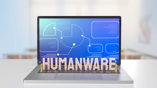 Das Humanware-Wort und das Gold-Chesson auf dem Notebook im Klassenzimmer für das Geschäfts- oder Technologiekonzept 3D-Rendering