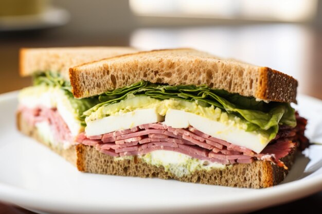 Foto das in der mitte halbierte sandwich konzentriert sich auf die füllungen