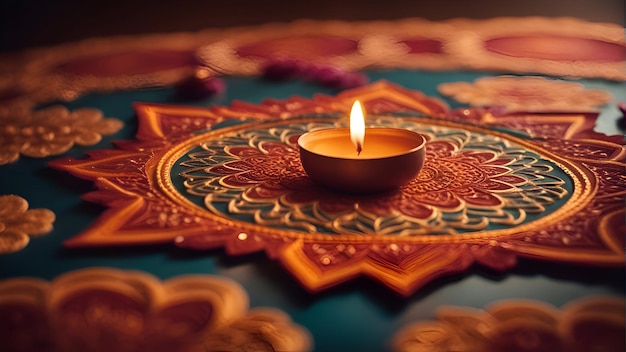 Foto das indische fest diwali die diwali-öllampe wird auf farbenfrohen rangoli angezündet