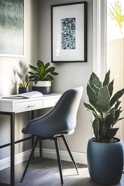 Das Innenkonzept des Home Office zeichnet sich durch eine schöne natürliche Pflanze aus, die eine beruhigende Wirkung hat